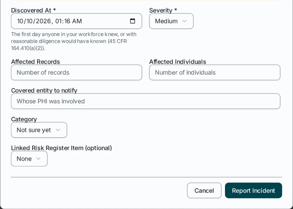 The incident form, where the discovery date starts the notification clock