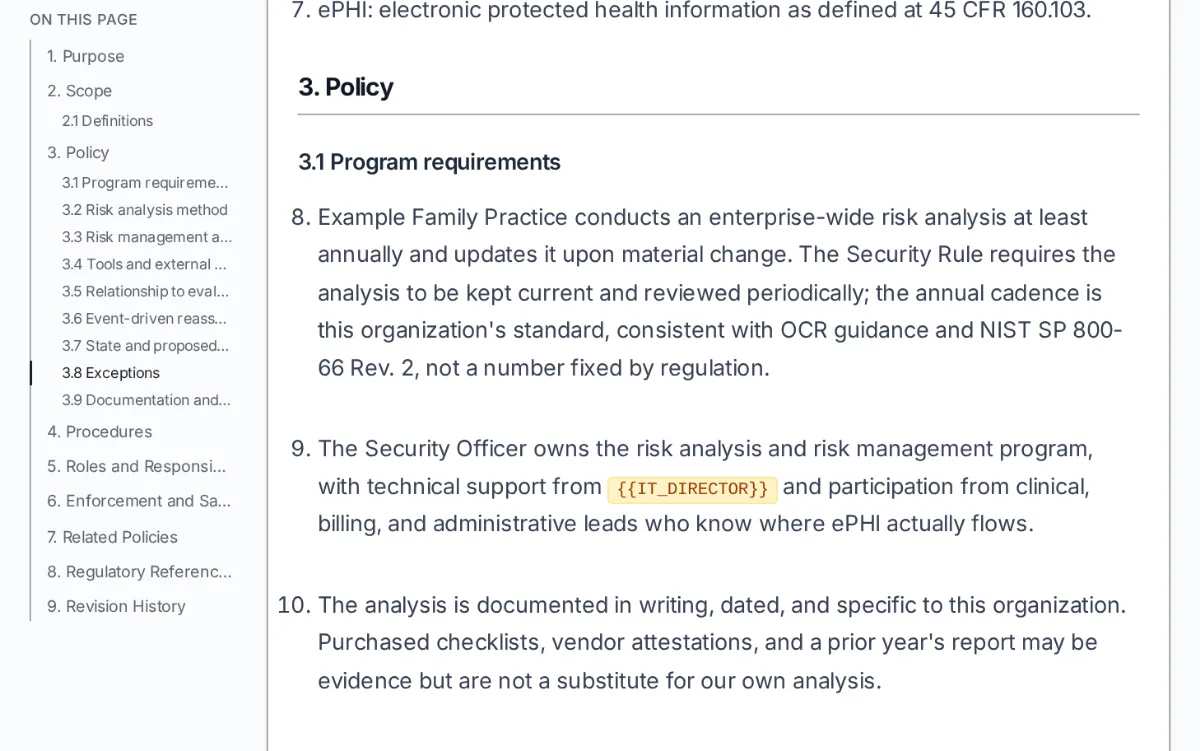 A Risk Assessment Policy filled in with the practice's name, with its table of contents