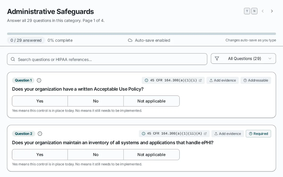 Polestar GRC risk assessment: yes, no or not applicable questions, each with its HIPAA citation