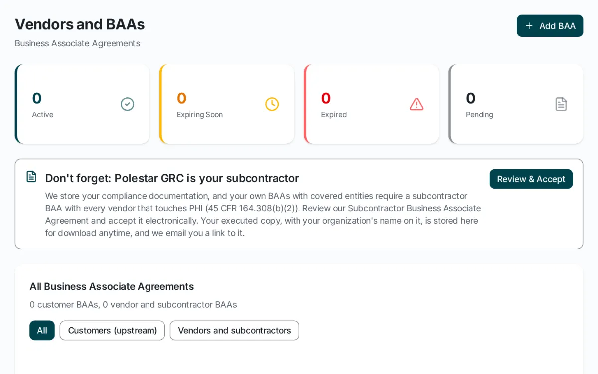 The vendor and BAA tracker with active, expiring, expired and pending counts